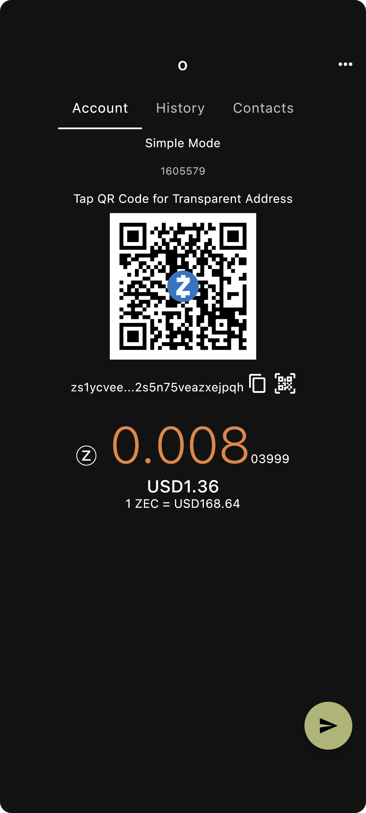 Ywallet App showing Zcash address, balance and current price on a mobile phone