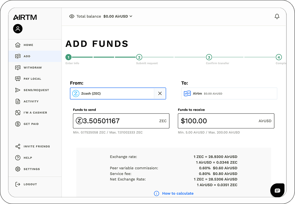 Airtm app "Add Funds" screen on a tablet