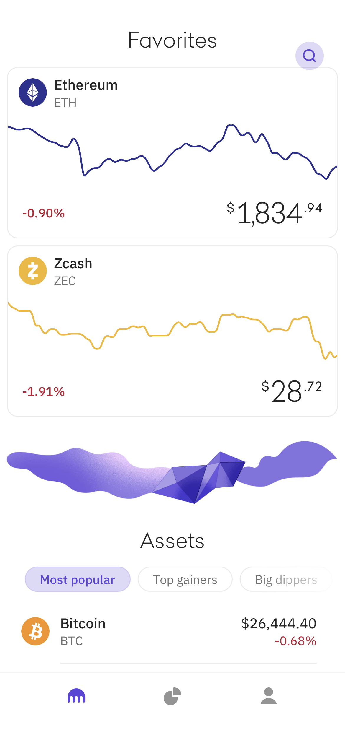 Kraken app showing Zcash and Ethereum prices on a mobile phone