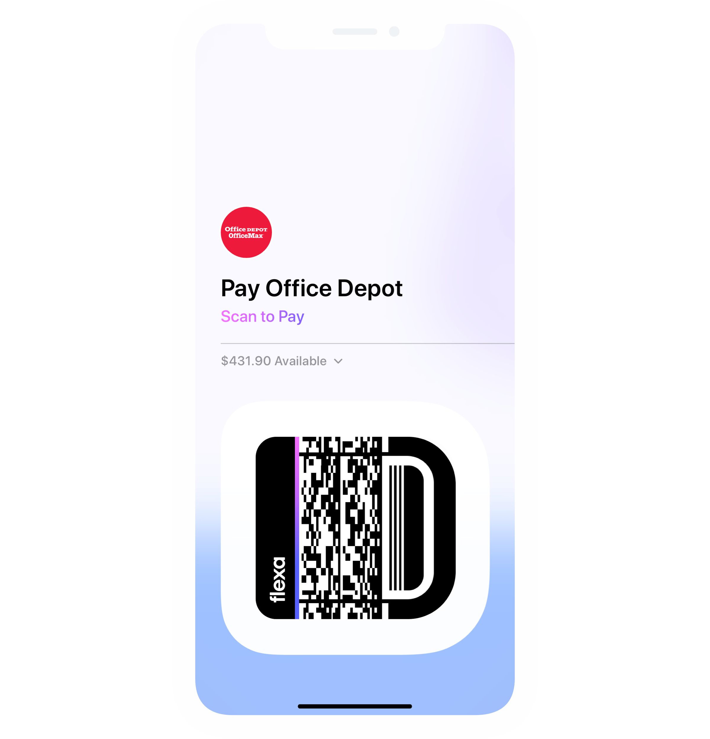 Flexa's Mobile App payment with Office Depot shown on a mobile phone