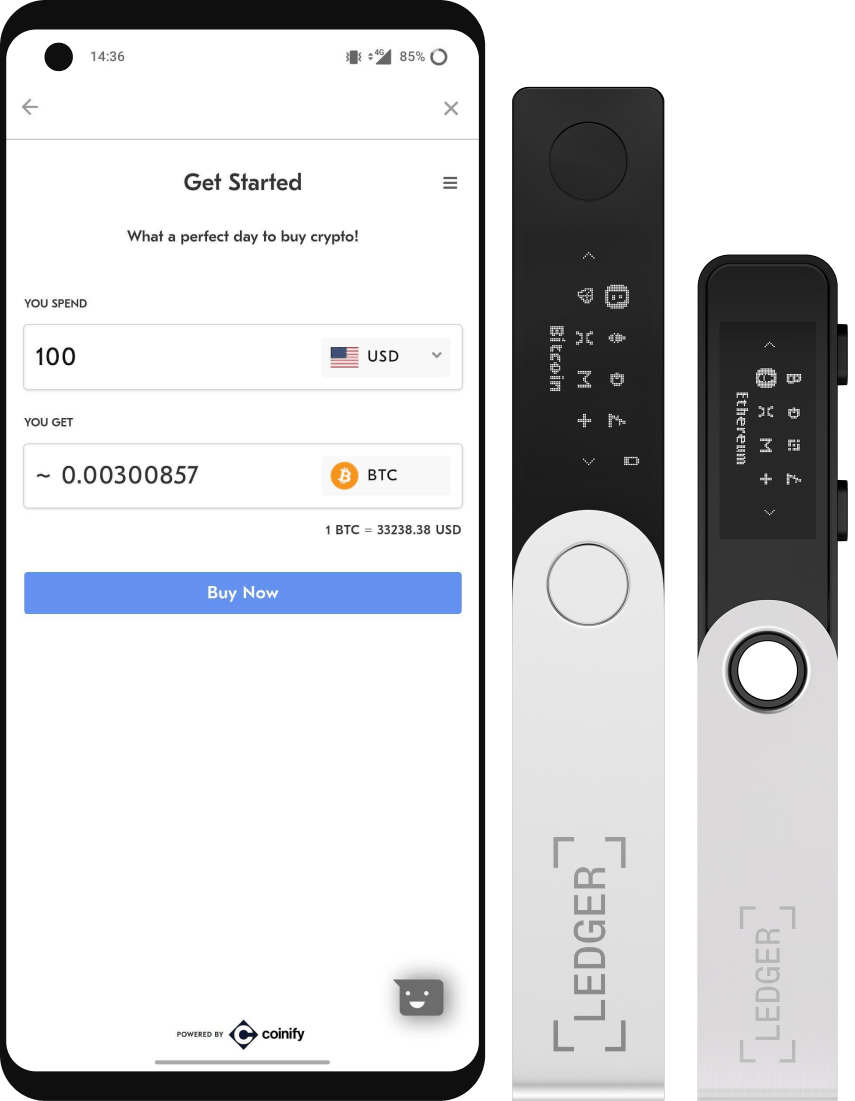 Trezor hardware wallet interface screen on a mobile phone next to the Ledger Nano S and Nano S Plus