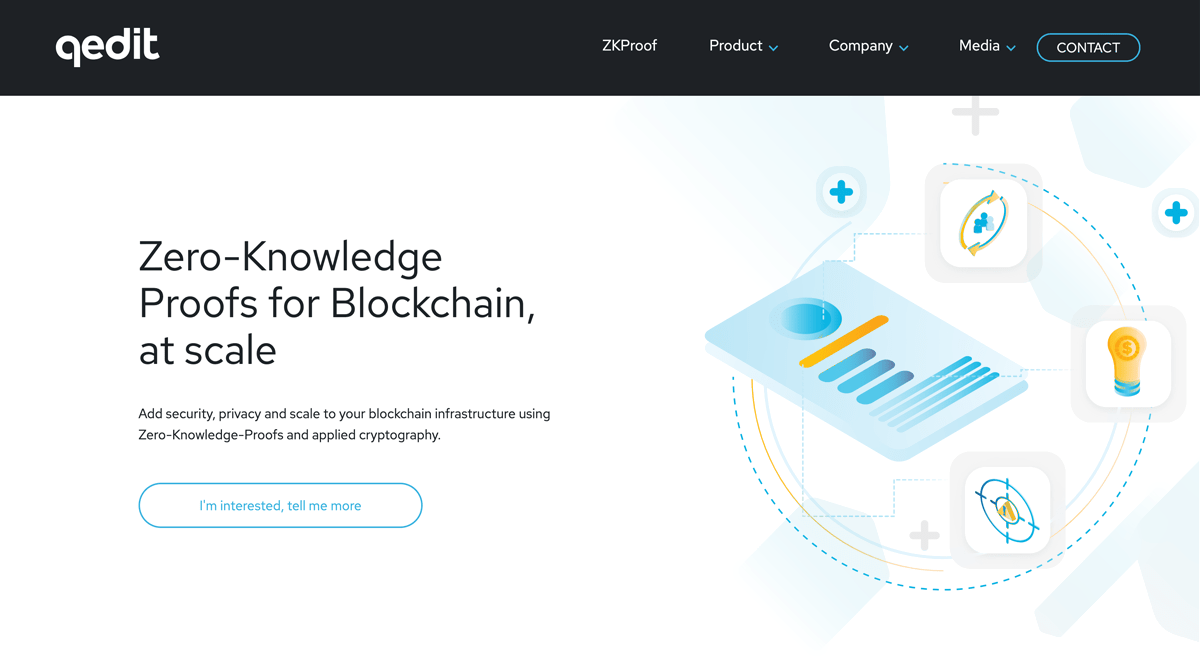 Qedit Homepage describing how Qedit uses Zero-knowledge proofs to add security, privacy and scale to blockchains on a laptop screen