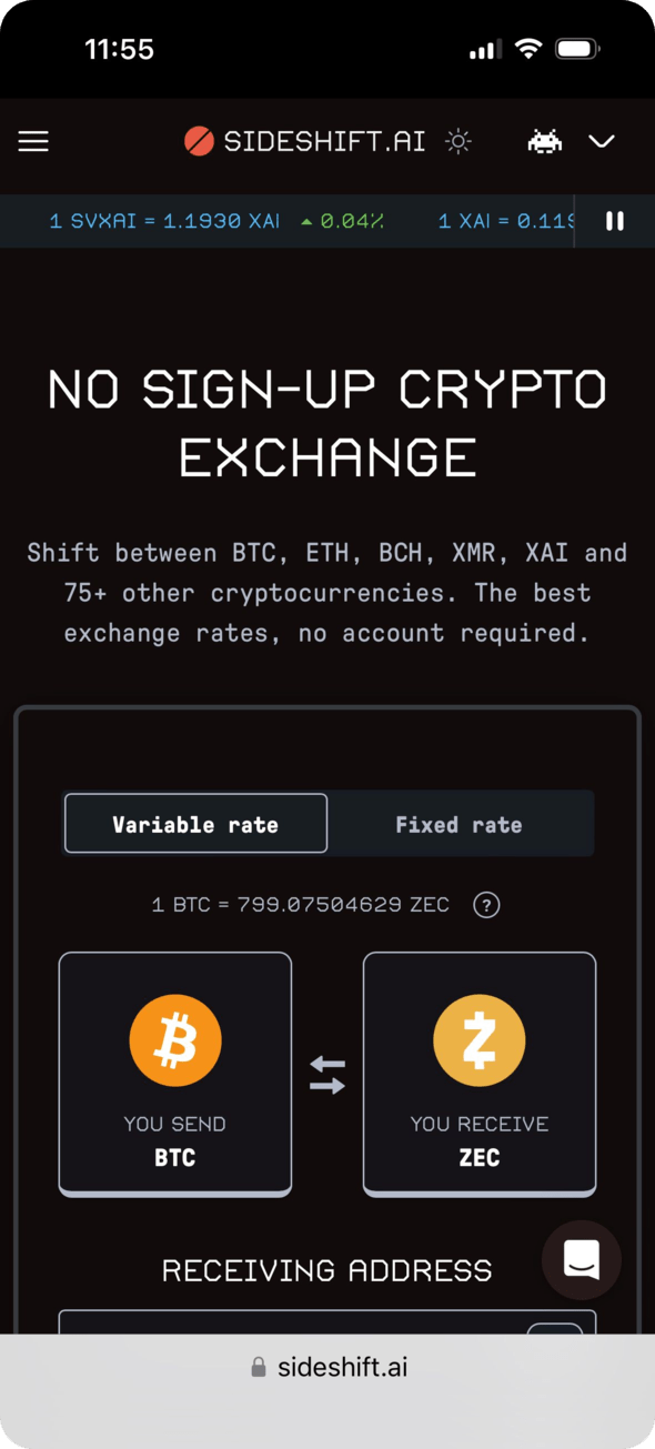 Sideshift App Bitcoin to ZEC exchange screen shown on a mobile phone