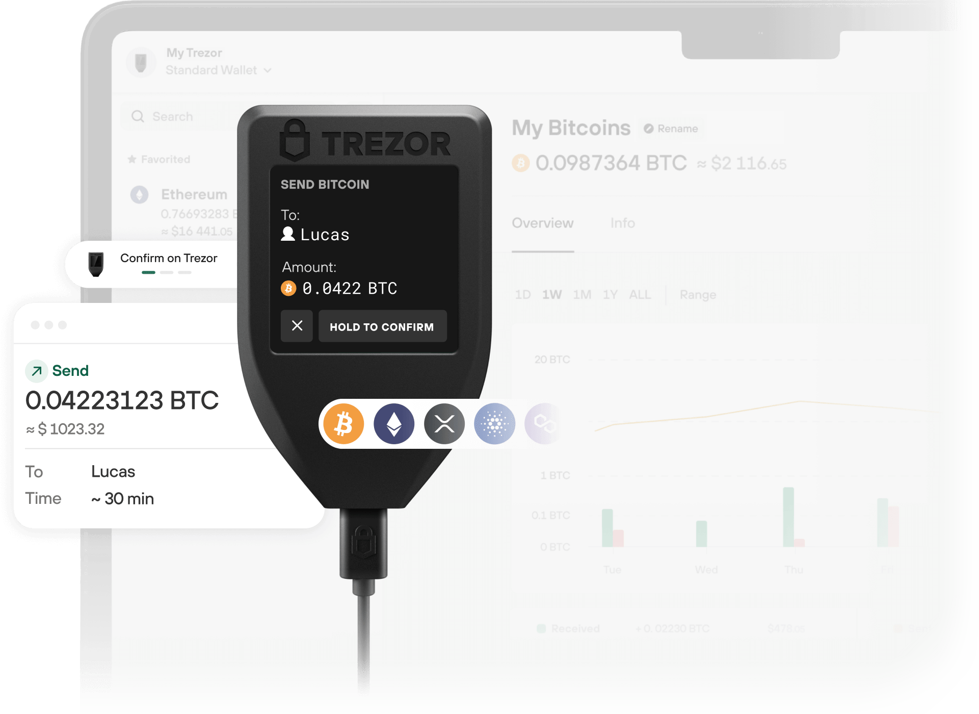Trezor Hardware wallet with Bitcoin and wallet interface shown behind