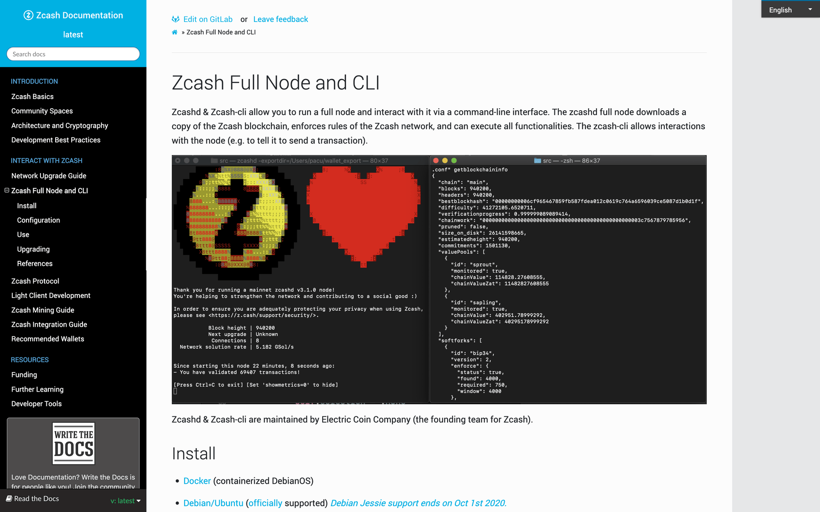 Zcashd screen shown on Zcash Documention Read the Docs page