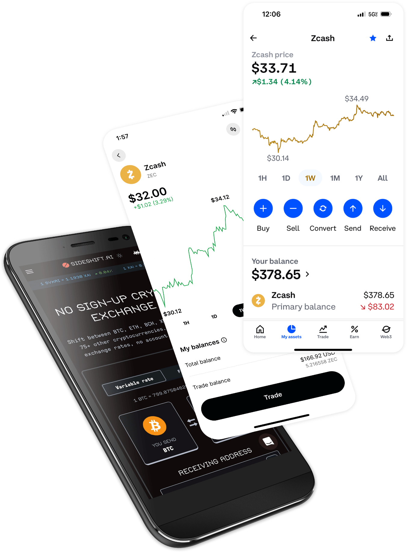 A composite of phone screens showing multiple exchanges for buying and trading Zcash